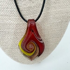 NWT Genuine Murano Glass Swirl Pendant Cord Necklace Orange Black Yellow